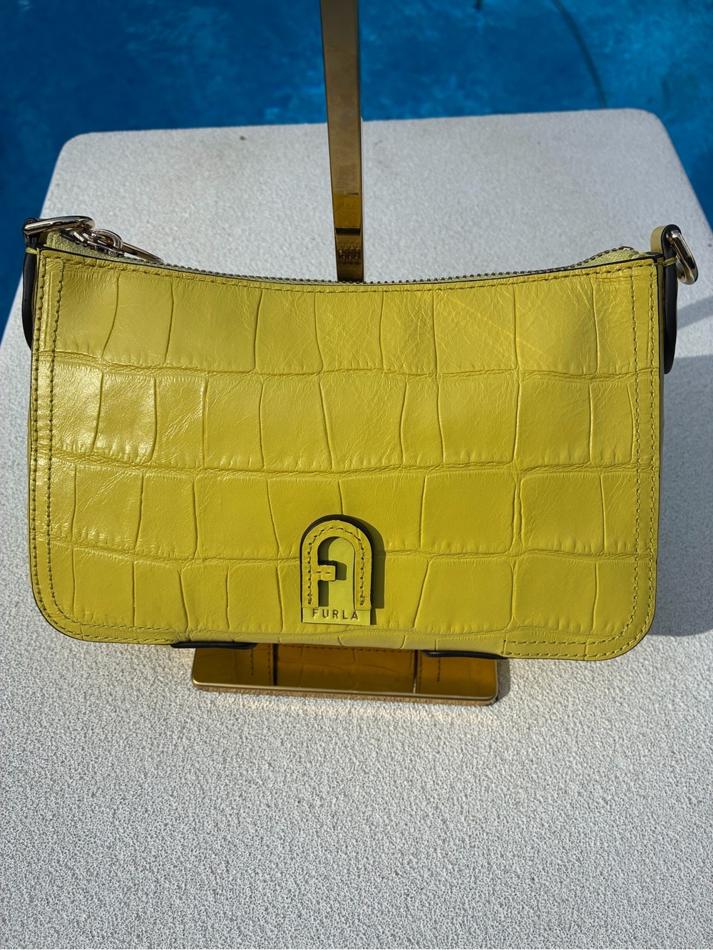 Furla Atena S Crossbody Yellow Croc Embossed Bag+2 Straps+Dust Bag - Picture 1 of 16